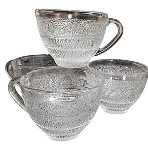 Set of 4 Cups, Four Vintage Embossed Glass Teacups, Coffee Cups, Tea Cup Set,